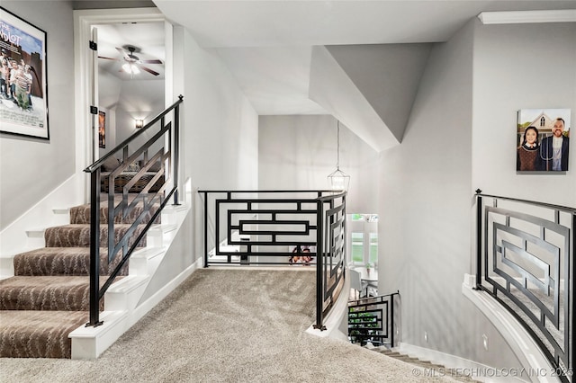 524 N 85th St, Broken Arrow, OK 74014 - stairway featuring carpet flooring and ceiling fan