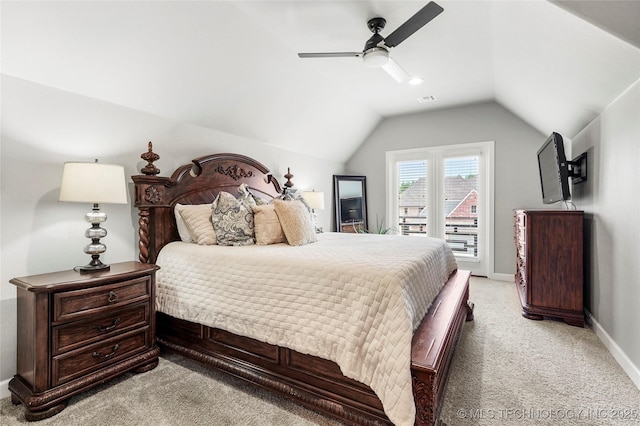 524 N 85th St, Broken Arrow, OK 74014 - bedroom with light colored carpet, vaulted ceiling, and a ceiling fan