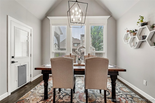 524 N 85th St, Broken Arrow, OK 74014 - dining room featuring vaulted ceiling, a chandelier, and dark wood-style flooring
