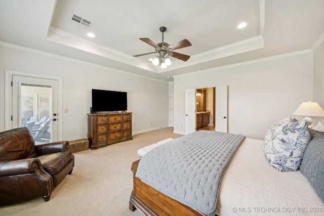 9545 E 108th St S, Bixby, OK 74133 - bedroom featuring a raised ceiling, light colored carpet, crown molding, recessed lighting, and a ceiling fan