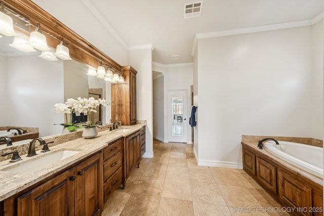 9545 E 108th St S, Bixby, OK 74133 - full bathroom with double vanity, a garden tub, and ornamental molding