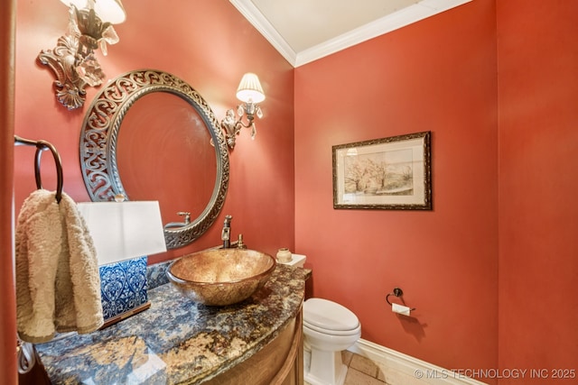 9545 E 108th St S, Bixby, OK 74133 - half bathroom with crown molding, vanity, and tile patterned floors
