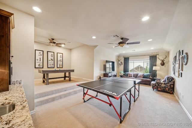 9545 E 108th St S, Bixby, OK 74133 - rec room with light colored carpet, ceiling fan, and recessed lighting