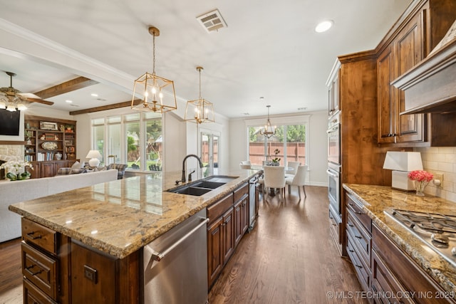 9545 E 108th St S, Bixby, OK 74133 - kitchen featuring appliances with stainless steel finishes, premium range hood, dark wood finished floors, a chandelier, and tasteful backsplash