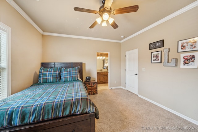 9545 E 108th St S, Bixby, OK 74133 - bedroom with carpet flooring, crown molding, connected bathroom, and a ceiling fan