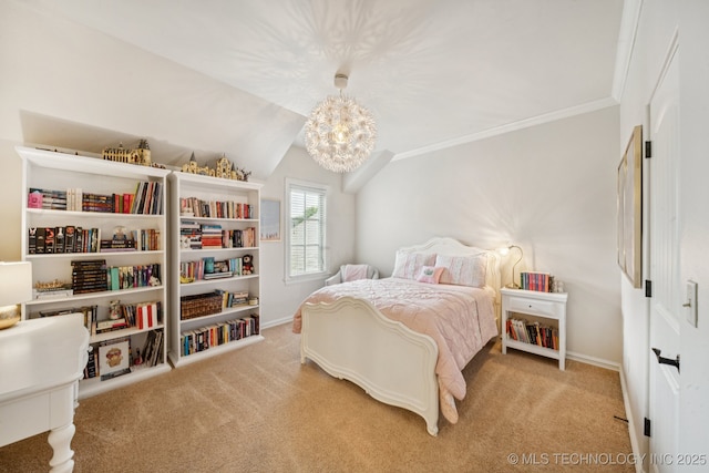 9545 E 108th St S, Bixby, OK 74133 - bedroom featuring carpet, a chandelier, lofted ceiling, and ornamental molding