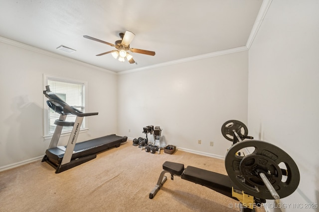 9545 E 108th St S, Bixby, OK 74133 - exercise room with ornamental molding, a ceiling fan, and carpet floors