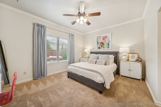 9545 E 108th St S, Bixby, OK 74133 - bedroom featuring light carpet, ornamental molding, and ceiling fan