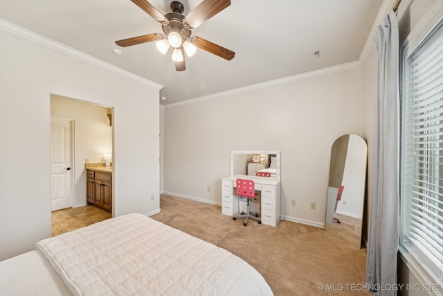 9545 E 108th St S, Bixby, OK 74133 - bedroom with crown molding, light carpet, a ceiling fan, and ensuite bathroom