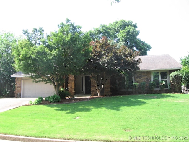 4224 E 84th St, Tulsa, OK 74137 - view of front of home with concrete driveway, a front yard, stone siding, and a garage