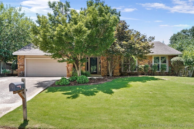 4224 E 84th St, Tulsa, OK 74137 - view of property hidden behind natural elements featuring a garage, driveway, stone siding, and a front yard