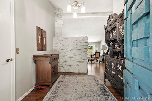 4224 E 84th St, Tulsa, OK 74137 - hallway with dark wood-style floors and a chandelier