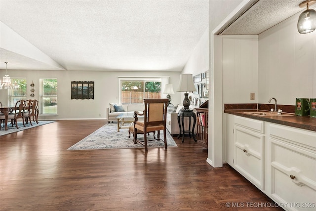 4224 E 84th St, Tulsa, OK 74137 - dining space featuring dark wood-style floors, a textured ceiling, a chandelier, and lofted ceiling