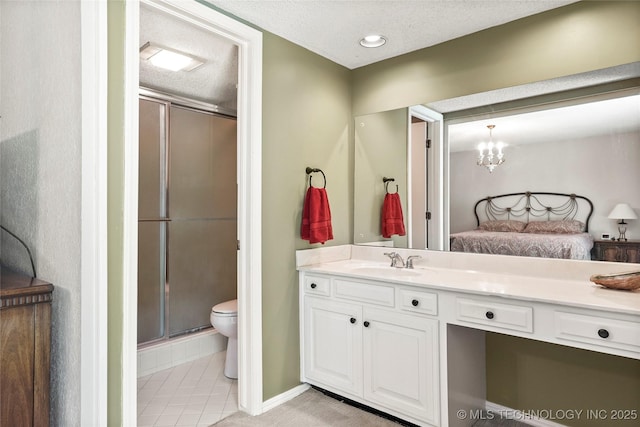 4224 E 84th St, Tulsa, OK 74137 - ensuite bathroom featuring a shower stall, vanity, tile patterned floors, and a chandelier