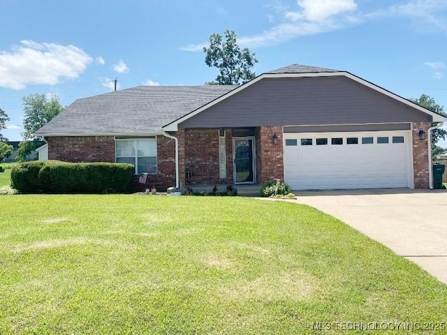 420 W 54th St, Sand Springs, OK 74063 - ranch-style house featuring concrete driveway, an attached garage, a front yard, and brick siding