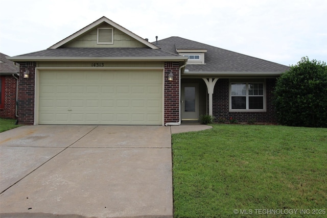 14313 E 112th Pl, Owasso, OK 74055 - view of front of house with brick siding, driveway, a garage, a front lawn, and roof with shingles