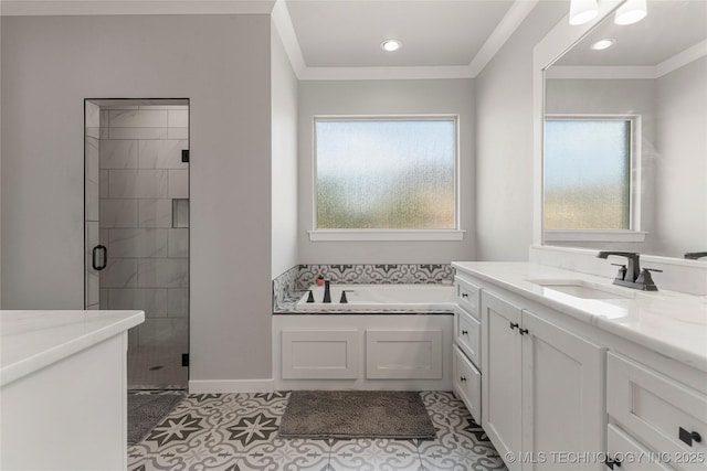 10470 E 123rd Pl S, Bixby, OK 74008 - bathroom with vanity, a bath, a stall shower, crown molding, and recessed lighting