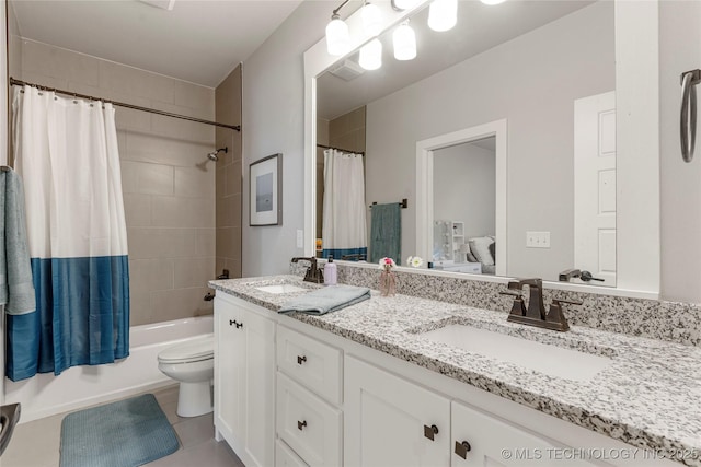 10470 E 123rd Pl S, Bixby, OK 74008 - bathroom featuring double vanity, shower / bathtub combination with curtain, and tile patterned flooring
