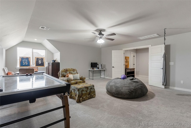 10470 E 123rd Pl S, Bixby, OK 74008 - recreation room featuring light carpet, a ceiling fan, vaulted ceiling, and a desk