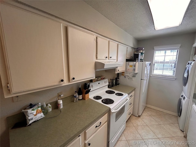 3402 S Winston Ave Unit 103, Tulsa, OK 74135 - kitchen featuring white appliances, under cabinet range hood, stacked washer / dryer, a textured ceiling, and light tile patterned floors