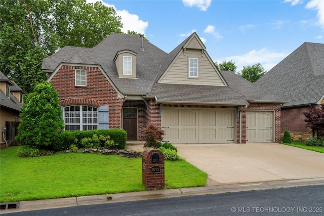 9722 S 75th E Ave, Tulsa, OK 74133 - view of front of home featuring a shingled roof, brick siding, an attached garage, a front yard, and concrete driveway
