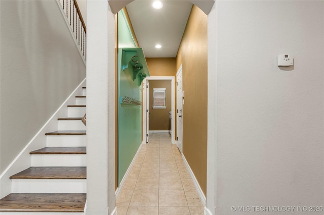 9722 S 75th E Ave, Tulsa, OK 74133 - hallway with tile patterned floors, stairway, and recessed lighting