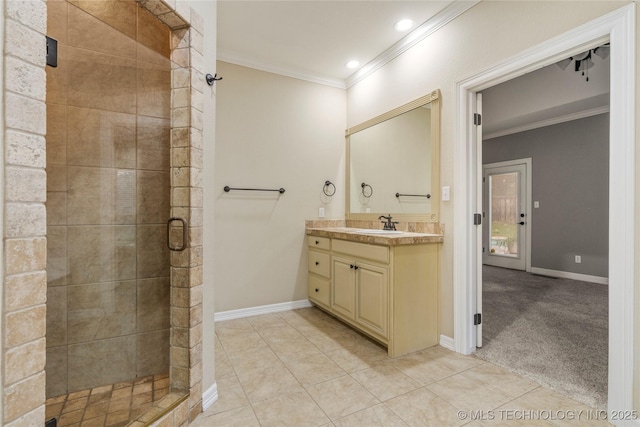 9722 S 75th E Ave, Tulsa, OK 74133 - bathroom featuring crown molding, vanity, a shower stall, tile patterned floors, and recessed lighting