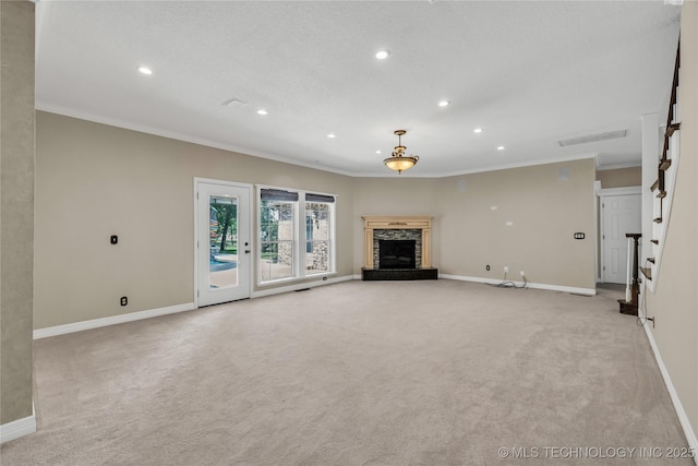 4405 Ithica St, Broken Arrow, OK 74012 - unfurnished living room with crown molding, a stone fireplace, light carpet, recessed lighting, and stairway