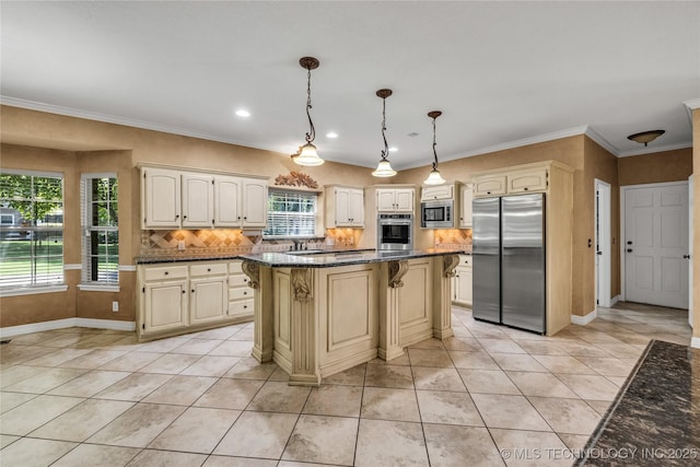 4405 Ithica St, Broken Arrow, OK 74012 - kitchen with appliances with stainless steel finishes, light tile patterned floors, tasteful backsplash, a center island, and a breakfast bar area