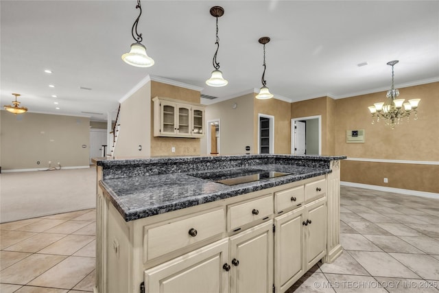 4405 Ithica St, Broken Arrow, OK 74012 - kitchen with black electric stovetop, open floor plan, light tile patterned flooring, crown molding, and a center island