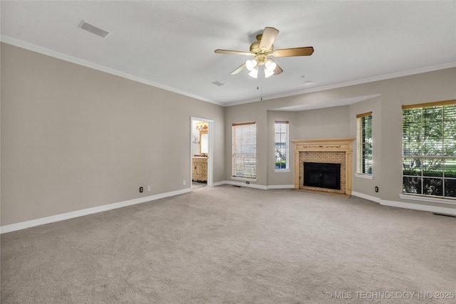 4405 Ithica St, Broken Arrow, OK 74012 - unfurnished living room with ornamental molding, ceiling fan, light carpet, and a fireplace