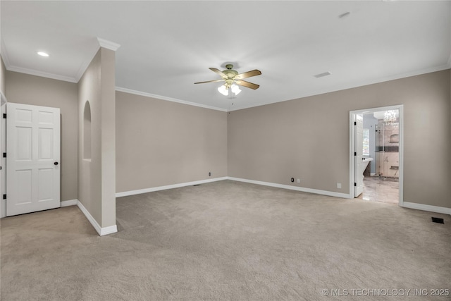 4405 Ithica St, Broken Arrow, OK 74012 - empty room featuring a ceiling fan, light colored carpet, and ornamental molding