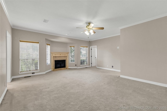 4405 Ithica St, Broken Arrow, OK 74012 - unfurnished living room featuring ceiling fan, light carpet, a brick fireplace, and ornamental molding
