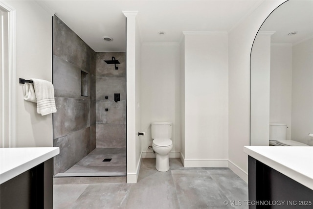 2936 E 75th St, Tulsa, OK 74136 - bathroom featuring vanity, a tile shower, crown molding, and finished concrete flooring