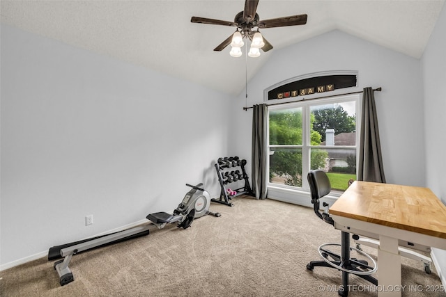 7416 S 109th E Ave, Tulsa, OK 74133 - carpeted home office featuring vaulted ceiling and a ceiling fan