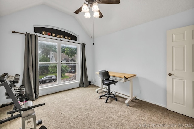 7416 S 109th E Ave, Tulsa, OK 74133 - carpeted home office featuring vaulted ceiling and a ceiling fan