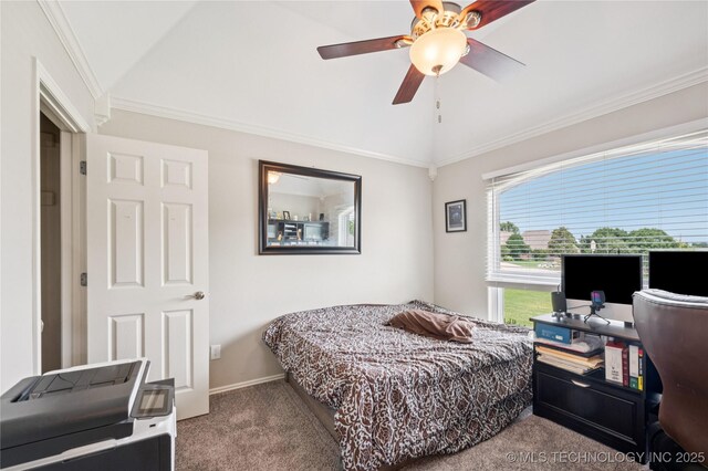 14220 S Vandalia Ave, Bixby, OK 74008 - carpeted bedroom featuring vaulted ceiling, a ceiling fan, and crown molding