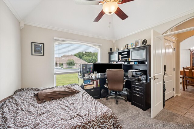 14220 S Vandalia Ave, Bixby, OK 74008 - bedroom with lofted ceiling, carpet, arched walkways, crown molding, and an office area