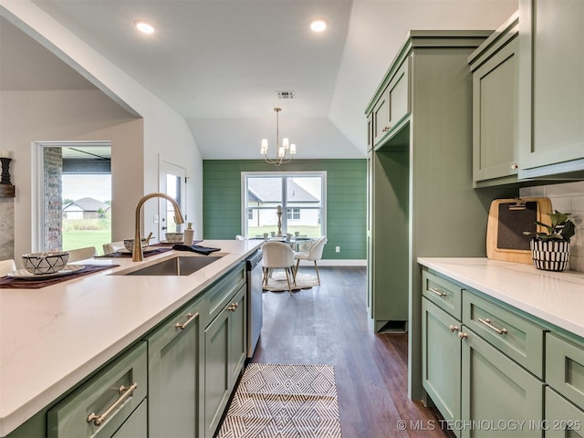 27742 E 109th St S, Coweta, OK 74429 - kitchen with green cabinetry, light countertops, a chandelier, and lofted ceiling