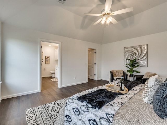 27742 E 109th St S, Coweta, OK 74429 - bedroom with dark wood finished floors, lofted ceiling, ensuite bathroom, and ceiling fan