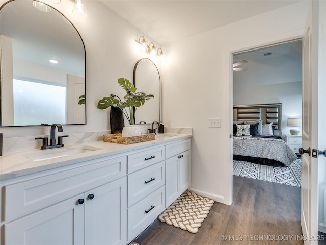 27742 E 109th St S, Coweta, OK 74429 - bathroom featuring wood finished floors, double vanity, and ensuite bath