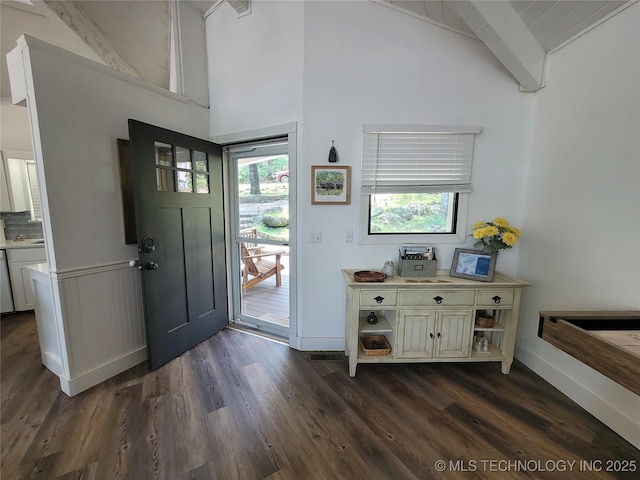 1416 Robin Hood Rd, Eufaula, OK 74432 - foyer entrance featuring beam ceiling, dark wood-type flooring, and high vaulted ceiling