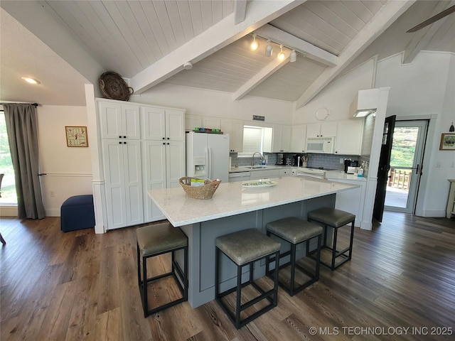 1416 Robin Hood Rd, Eufaula, OK 74432 - kitchen with white appliances, white cabinetry, dark wood-style floors, a breakfast bar area, and wood ceiling