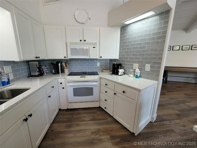1416 Robin Hood Rd, Eufaula, OK 74432 - kitchen featuring white appliances, backsplash, white cabinets, light stone countertops, and dark wood finished floors