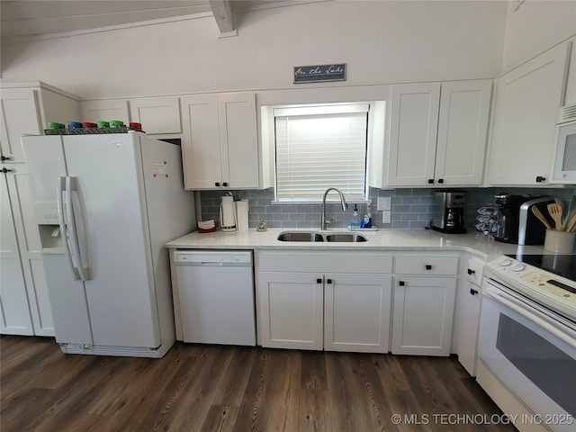 1416 Robin Hood Rd, Eufaula, OK 74432 - kitchen with white appliances, white cabinetry, decorative backsplash, light countertops, and beam ceiling