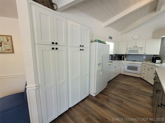 1416 Robin Hood Rd, Eufaula, OK 74432 - kitchen featuring white appliances, light countertops, white cabinets, tasteful backsplash, and dark wood-style floors