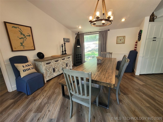 1416 Robin Hood Rd, Eufaula, OK 74432 - dining area with a chandelier, dark wood-style flooring, lofted ceiling, and recessed lighting