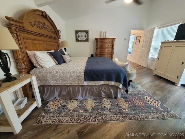 1416 Robin Hood Rd, Eufaula, OK 74432 - bedroom featuring lofted ceiling, wood finished floors, and a ceiling fan