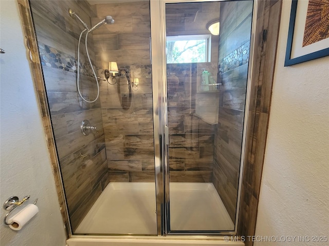 1416 Robin Hood Rd, Eufaula, OK 74432 - bathroom with a shower stall and a textured wall
