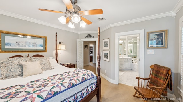 429 Kendall, Muskogee, OK 74401 - bedroom with crown molding, light colored carpet, ensuite bathroom, and ceiling fan